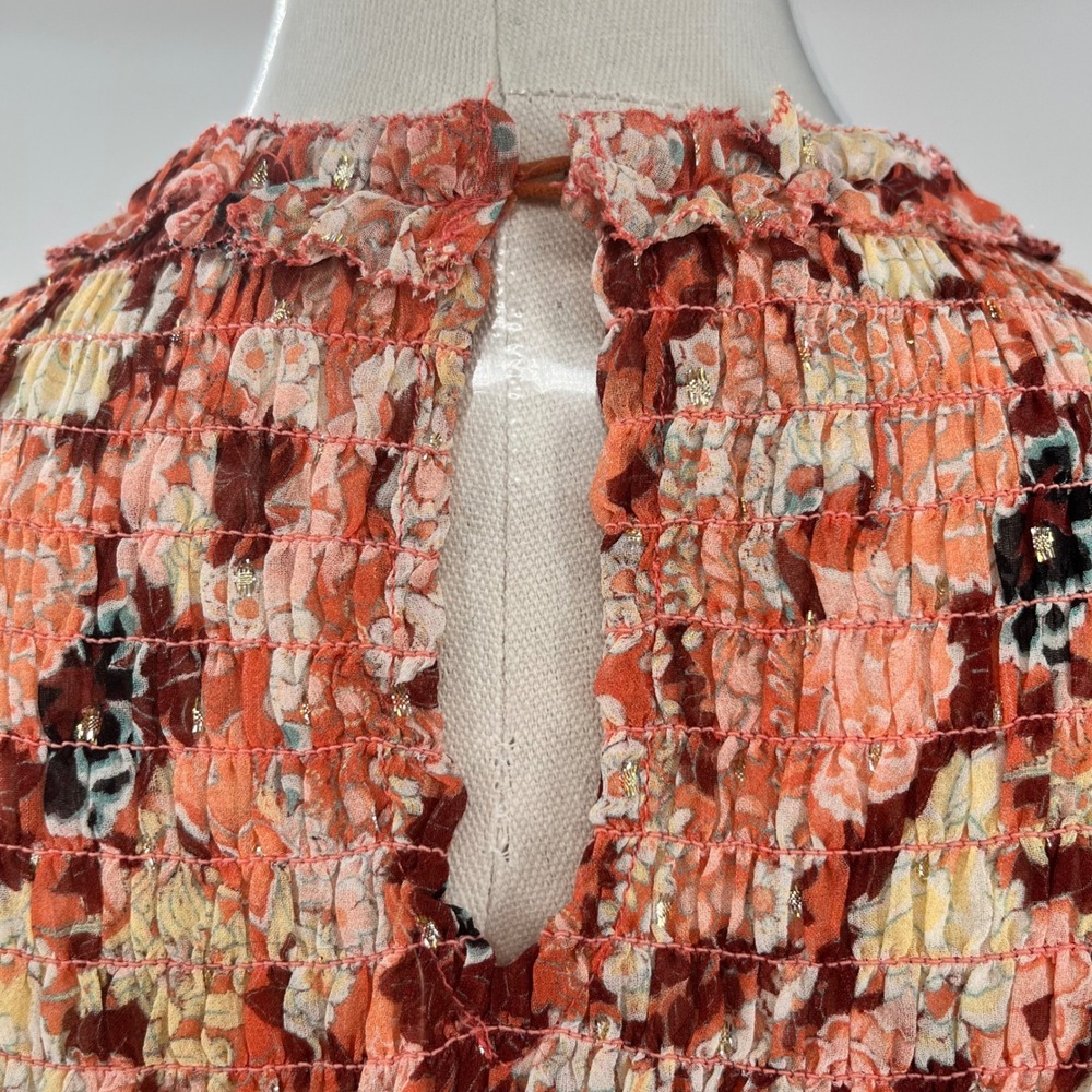 Ulla Johnson Blouse Womens Size 0 Orange Floral Silk Smocked Metallic Top - Picture 5 of 13